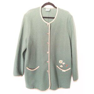 Vintage Geiger Austria Green Wool Cardigan With Embroidered Sunflower & Button